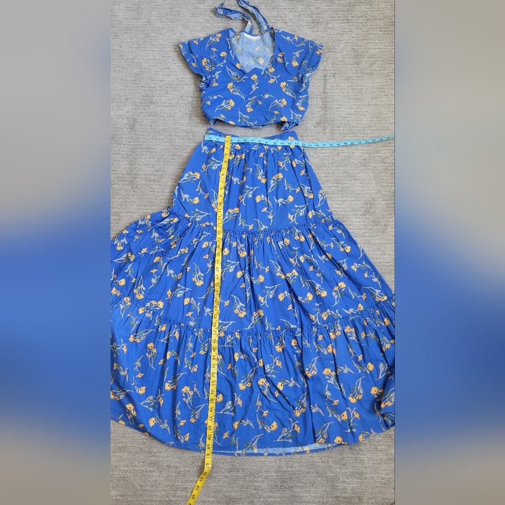 100 % COTTON made In INDIA Blue Floral Tiered Maxi Skirt - Picture 3 of 7